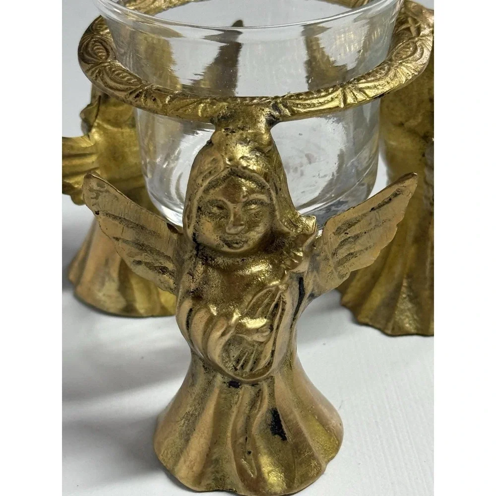 VTG Brass 3 Angels With Harps Votive Candle Holder Glass‎ Insert READ - Picture 6 of 11